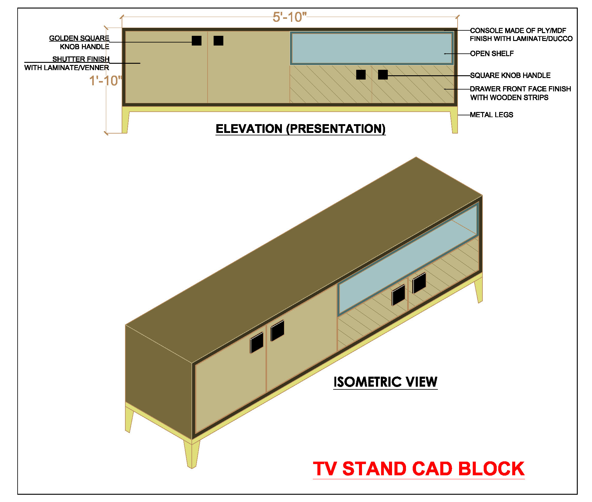 TV Console Design DWG with Open Shelves & Fluted Panels